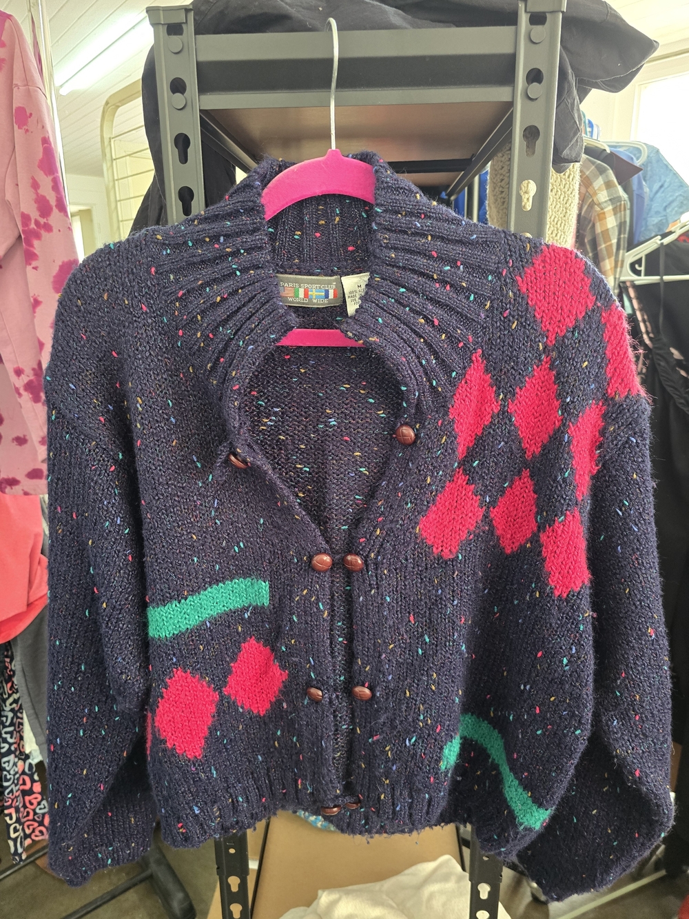 Navy Confetti Knit Cardigan with Pink Argyle Accents
